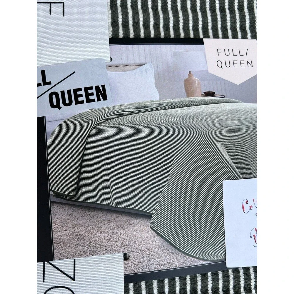 Rachel Zoe Green and White Striped Cotton Knitted Quilt Full Queen Textured New